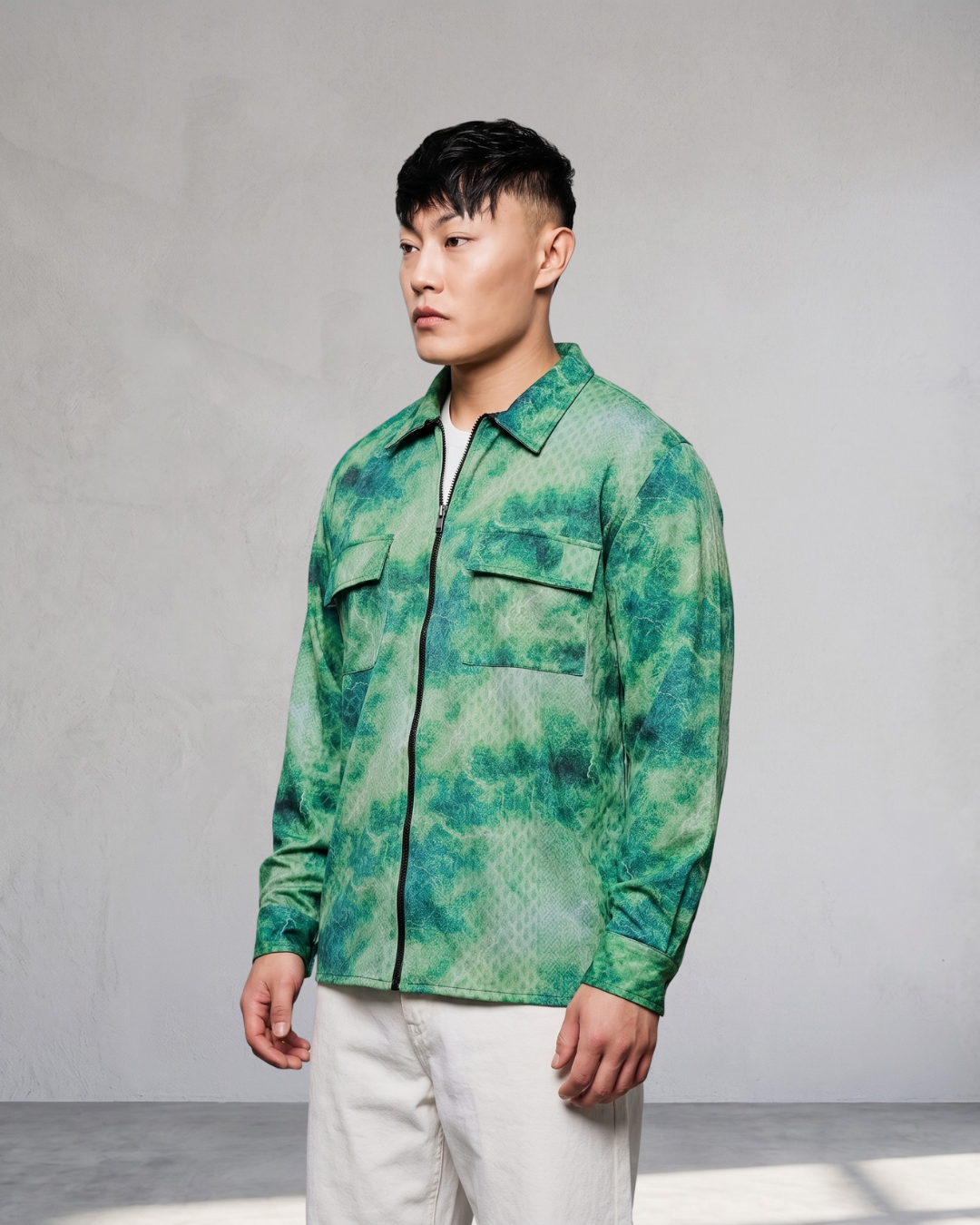 Grey & Green Abstract Printed Drop-Shoulder Relaxed Fit Shirt Zipper Shirt