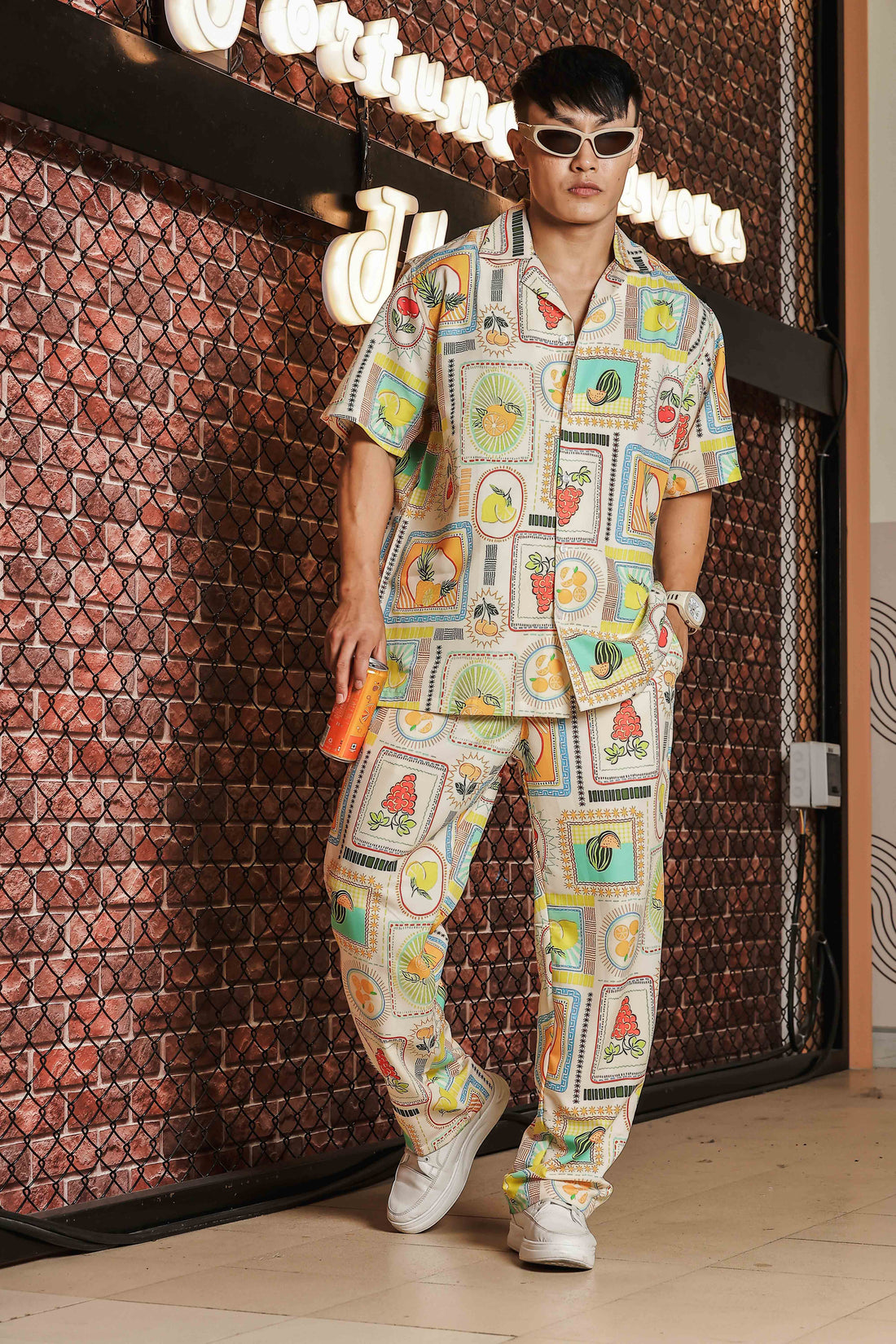 Beige Stamp Print Relaxed Fit Cuban Shirt & All Day Pant Co-Ord Set