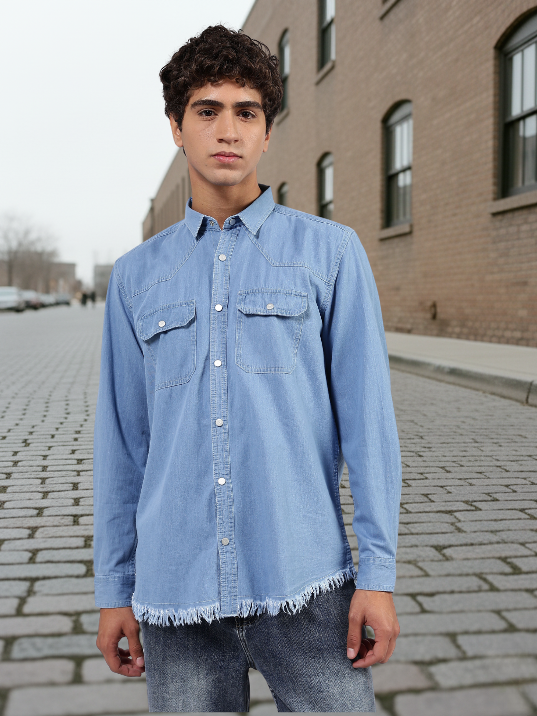 Blue Raw Edge Oversized Relaxed Fit Spread Collar Premium Denim Shirt