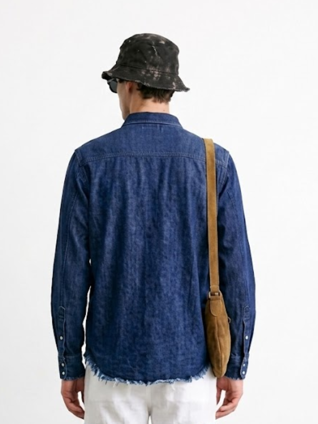 Navy Blue Raw Edge Oversized Relaxed Fit Spread Collar Premium Denim Full Sleeve Shirt