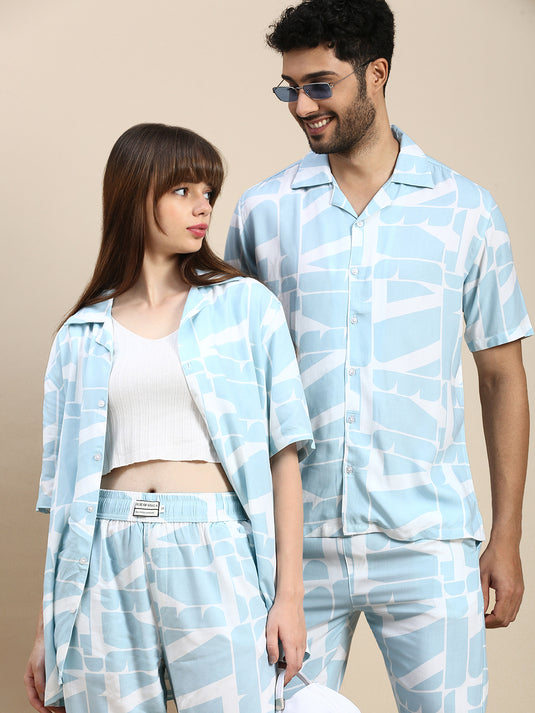 Unisex Cubano Blue Printed Relaxed Fit Resort Shirt