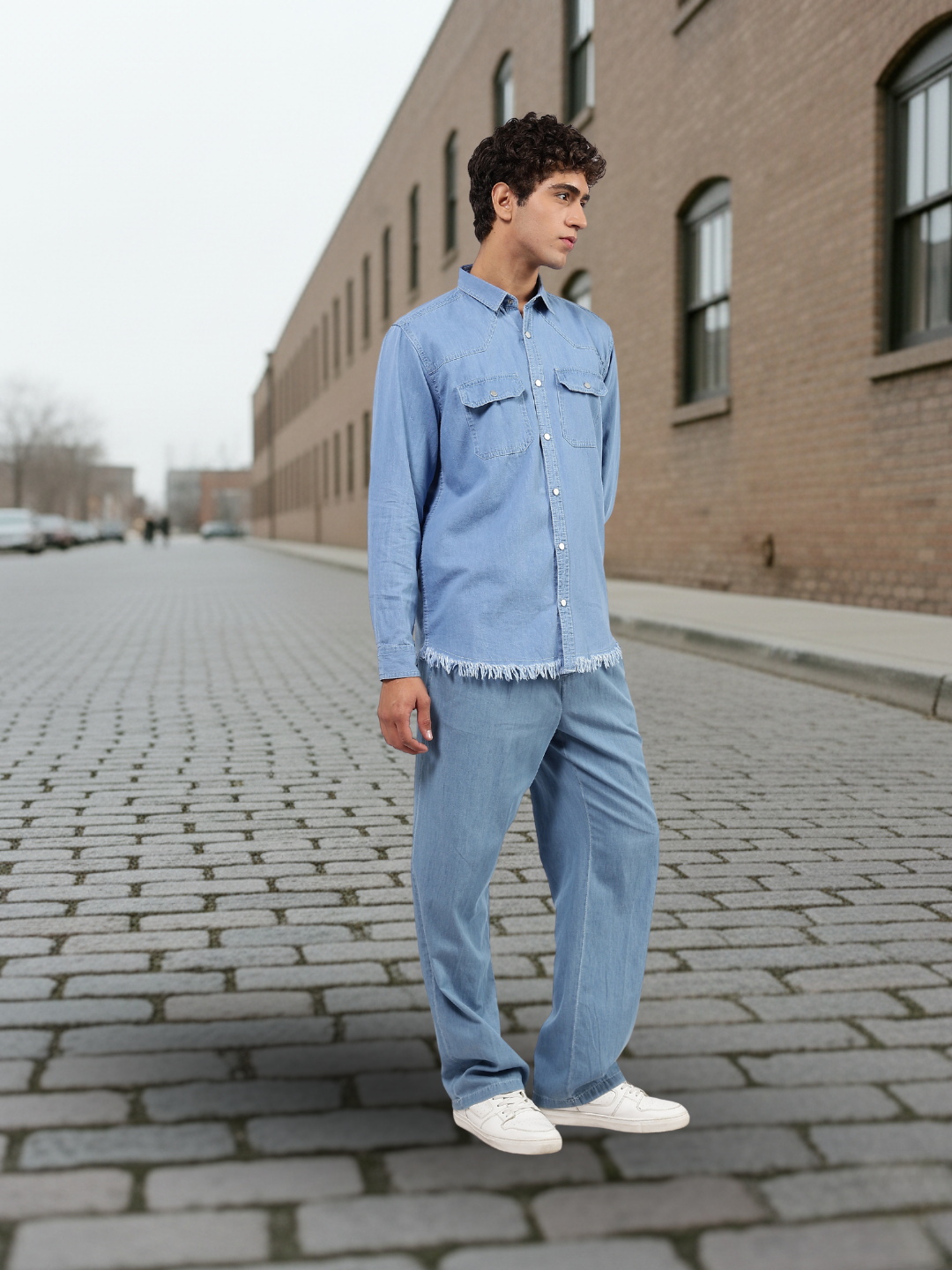 Co-Ord Set Blue Premium Denim Gurkha Pant & Full Shirt Relaxed Fit