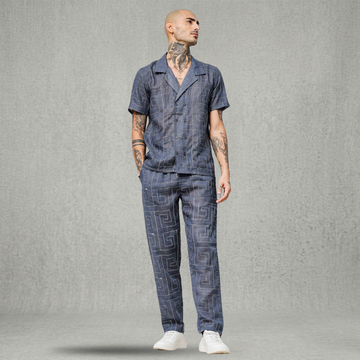 Blue Linen Embroidered Notched Lapel Korean Shirt & All Day Lounge Pants Co-ord Set