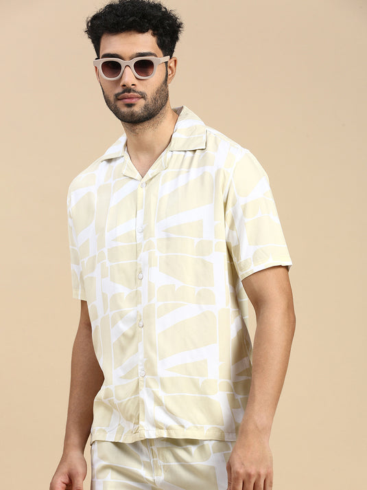 Unisex Cubano Beige Printed Relaxed Fit Resort Shirt