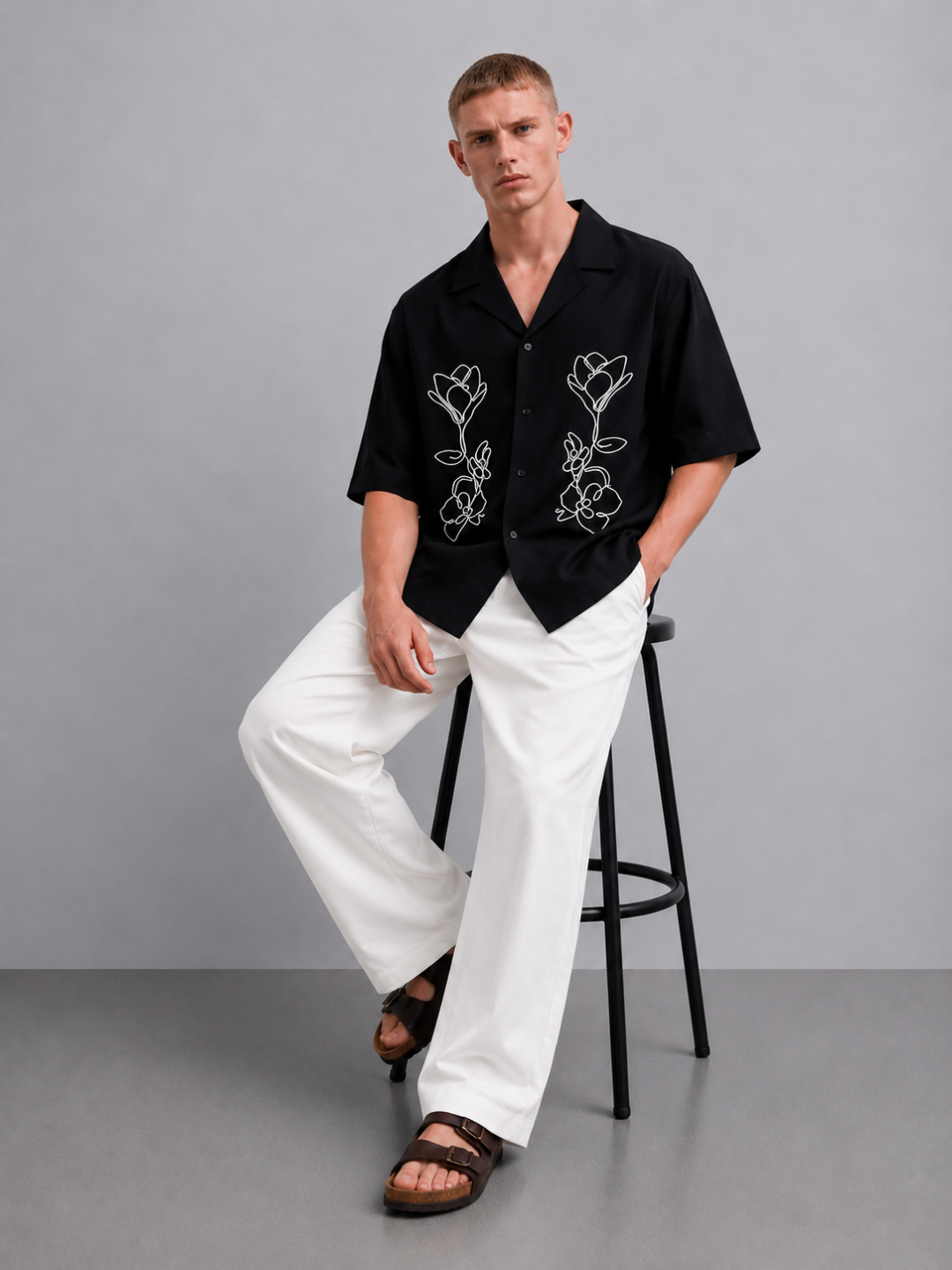 Black Embroidered Relaxed Fit Oversized Half Sleeve Casual Resort Shirt