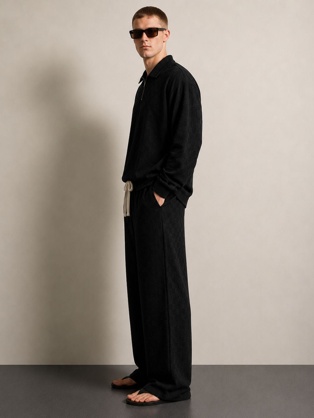 Black Textured Oversized Full Sleeve Polo Neck Tee & Trackpant Co-ord Set