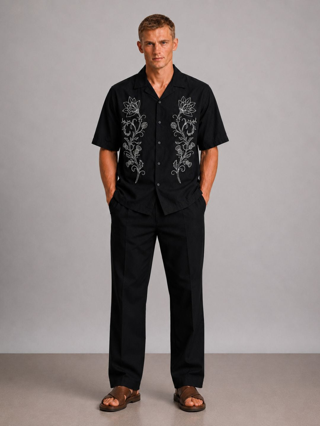 Black Embroidered Relax Fit Oversized Half Sleeve Casual Resort Shirt