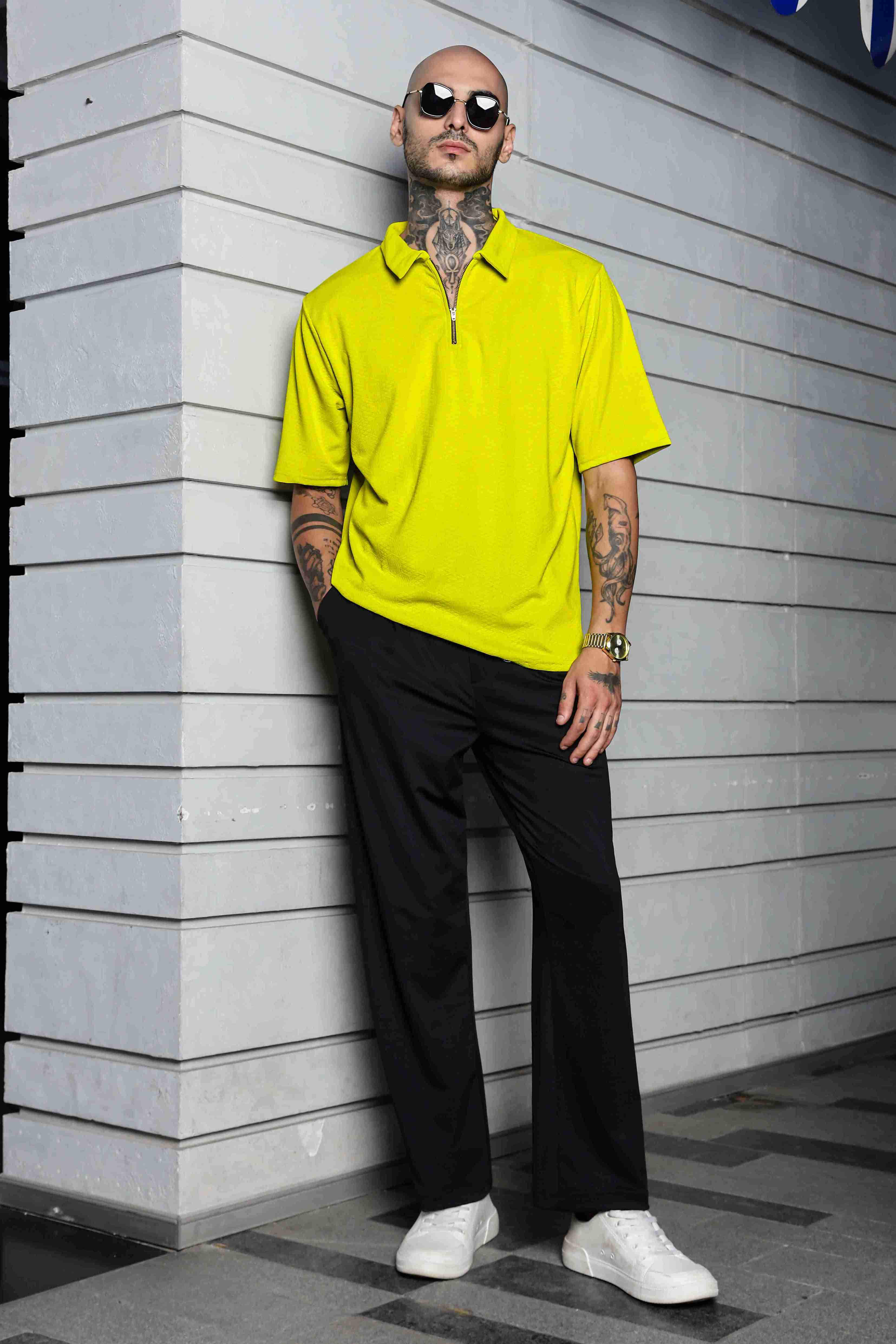Unisex Lime Green Textured Polo Neck Oversized T-shirt