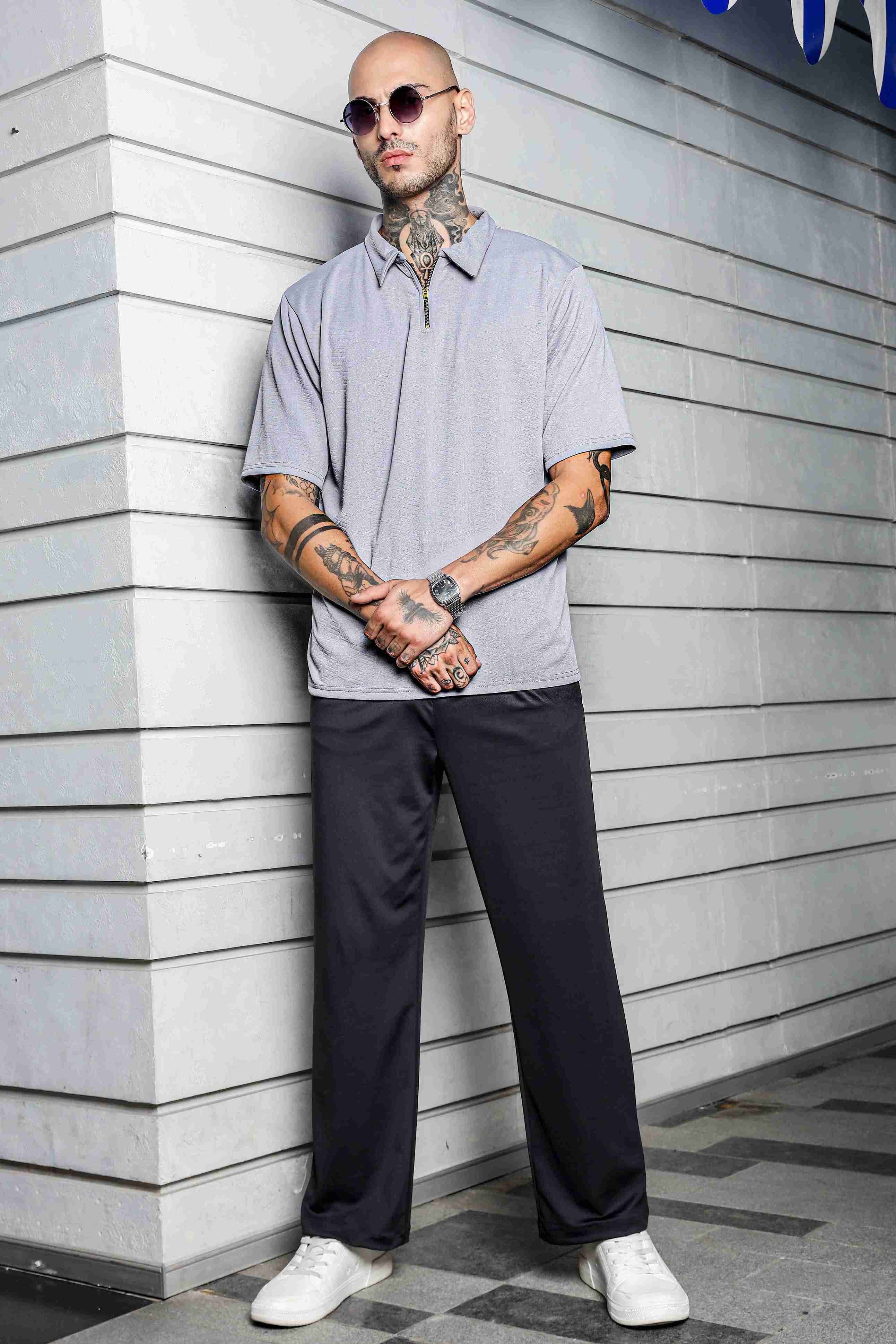 Unisex Grey Textured Polo Neck Oversized T-shirt
