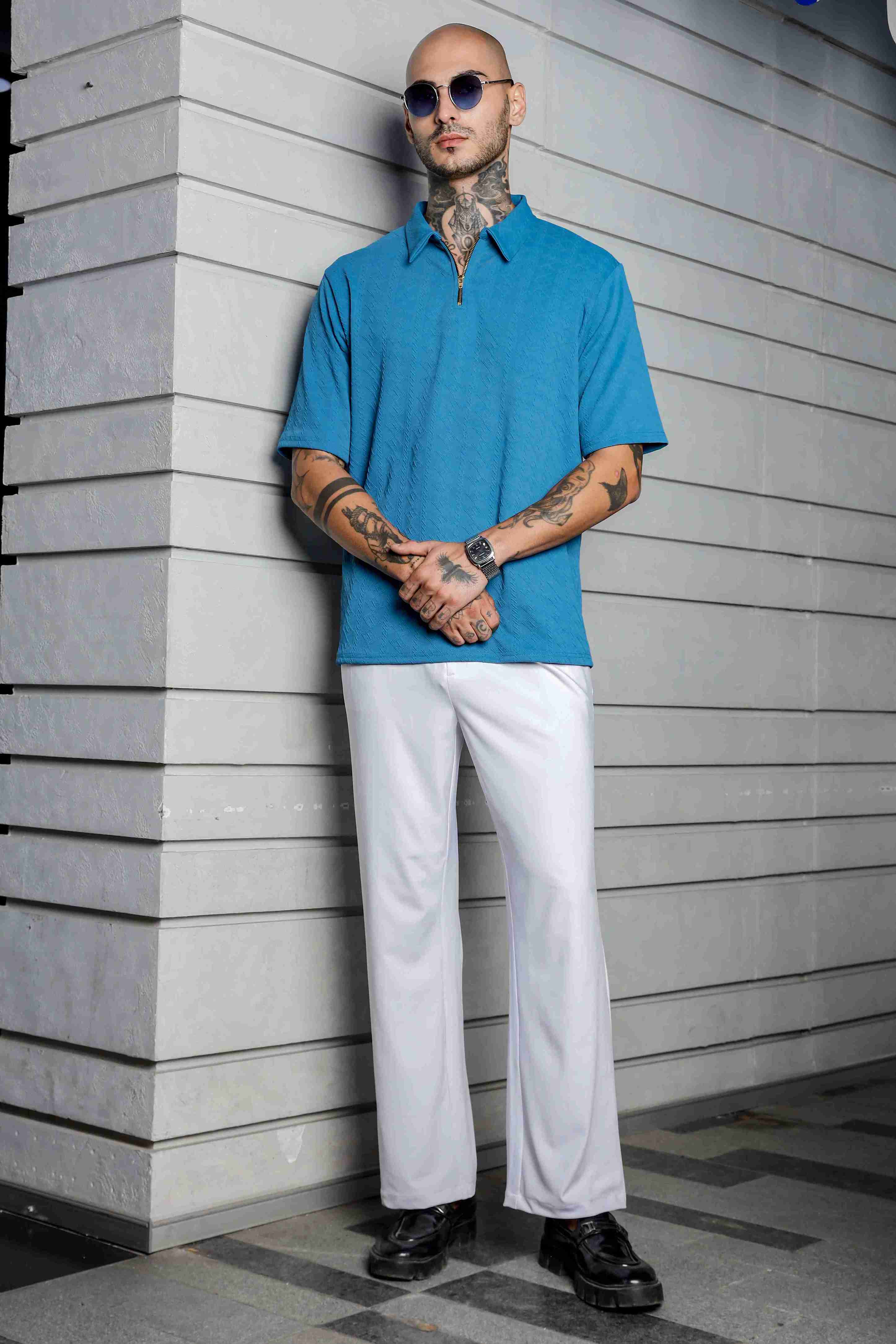 Unisex Blue Textured Polo Neck Oversized T-shirt