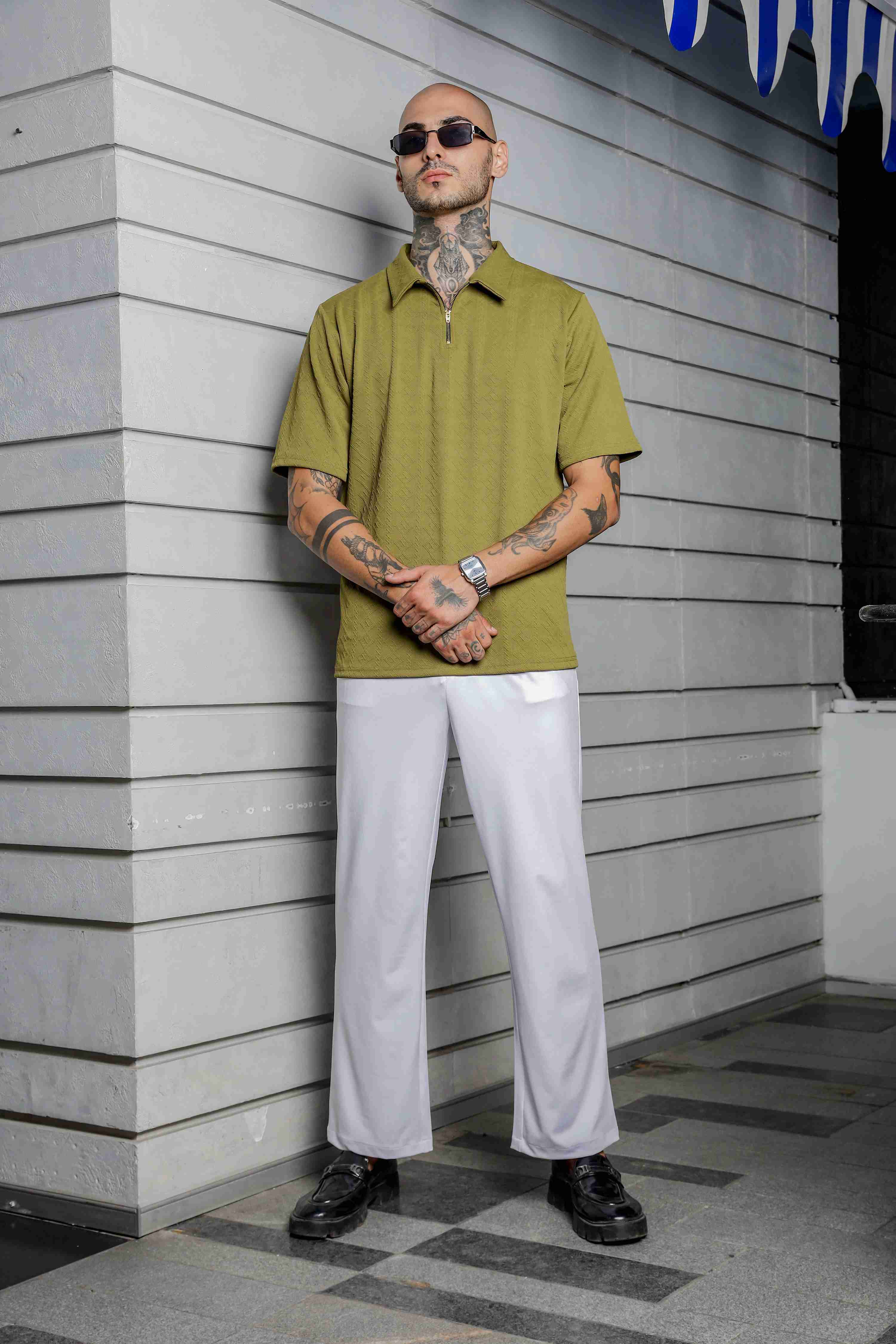 Unisex Olive Textured Polo Neck Oversized T-shirt