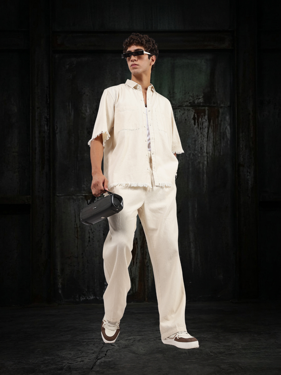 Co-Ord Set Off-White Premium Denim Gurkha Pant & Half Sleeve Shirt Relaxed Fit