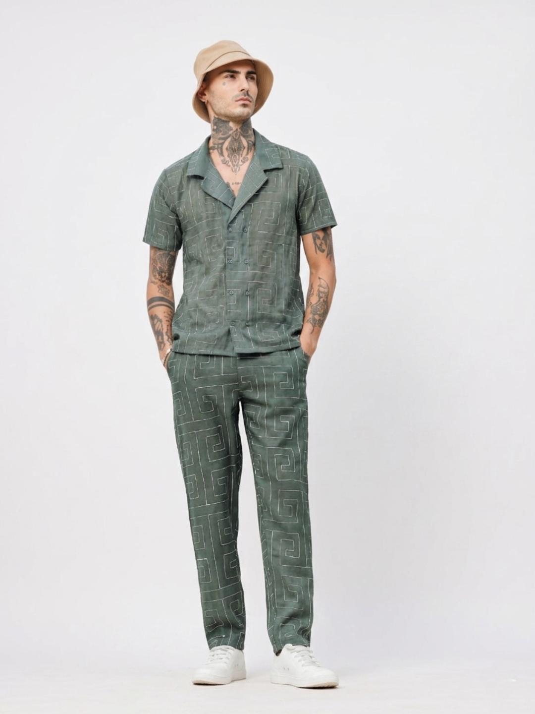 Olive Linen Blend Embroidered Notched Lapel Shirt and All Day Pants Co-ord Set