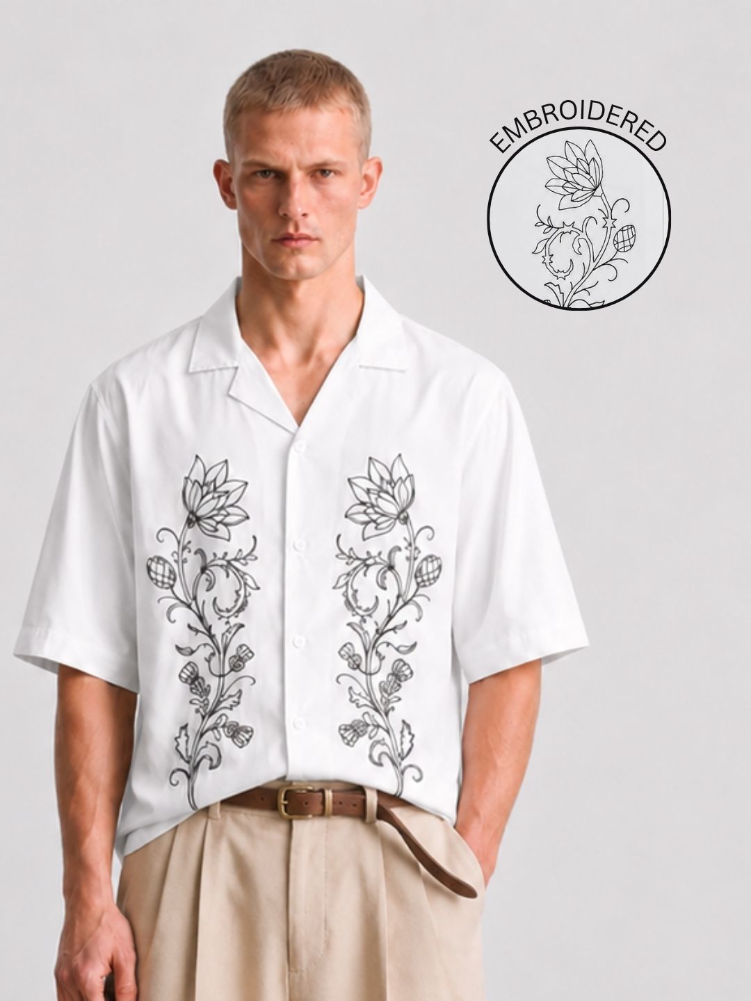 White Embroidered Relaxed Fit Oversized Half Sleeve Casual Resort Shirt