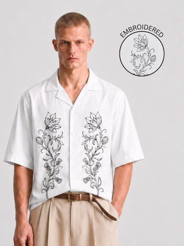 White Embroidered Relaxed Fit Oversized Half Sleeve Casual Resort Shirt