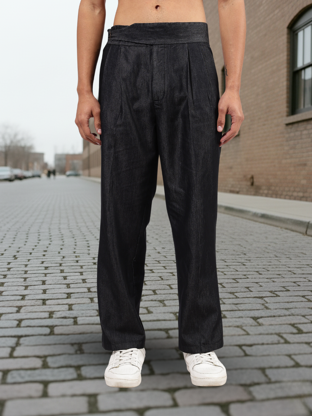 Black Premium Denim Gurkha Trousers with Double Pleated Front