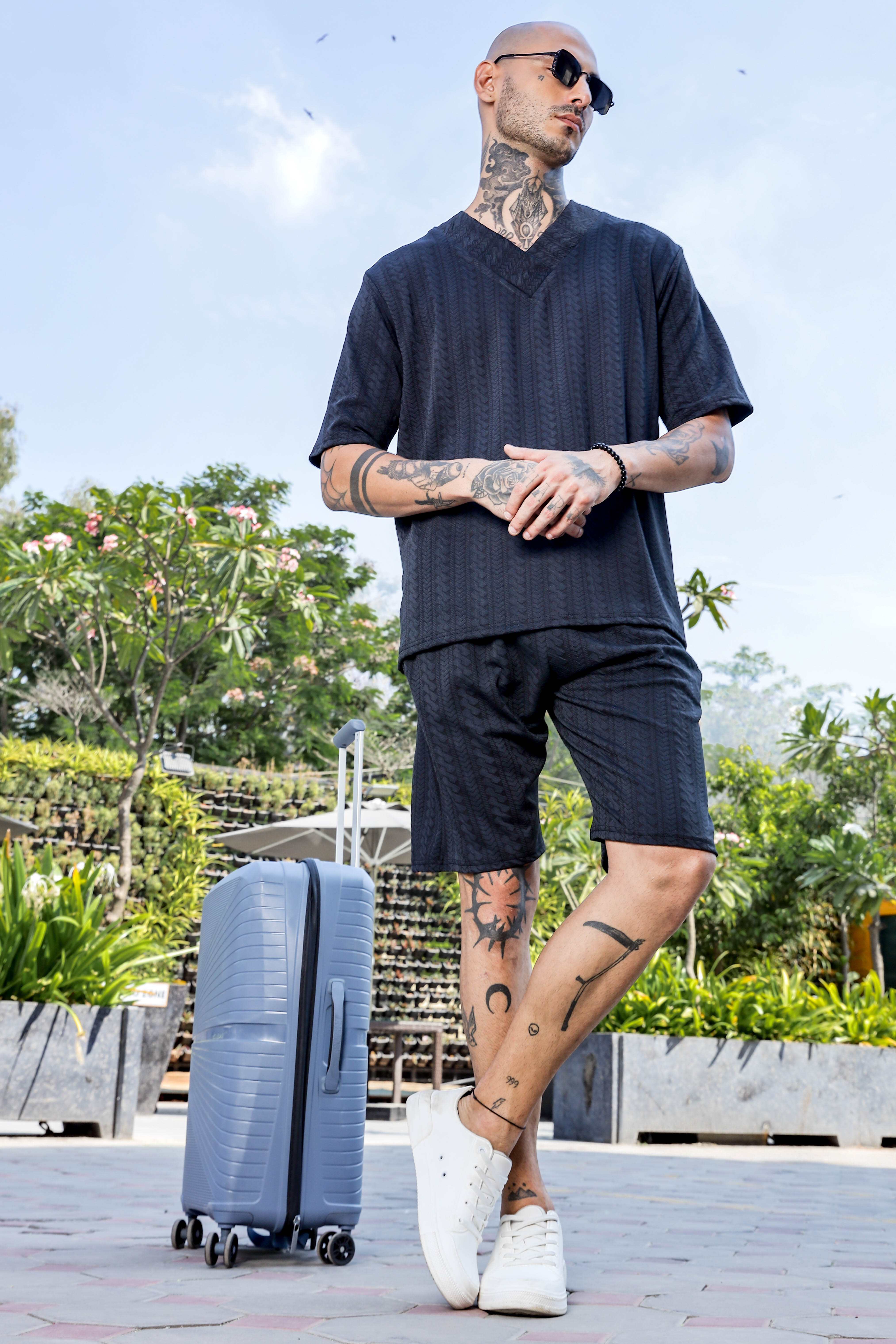 Unisex Black Textured Oversized V-Neck Tee & Shorts Co-ord Set