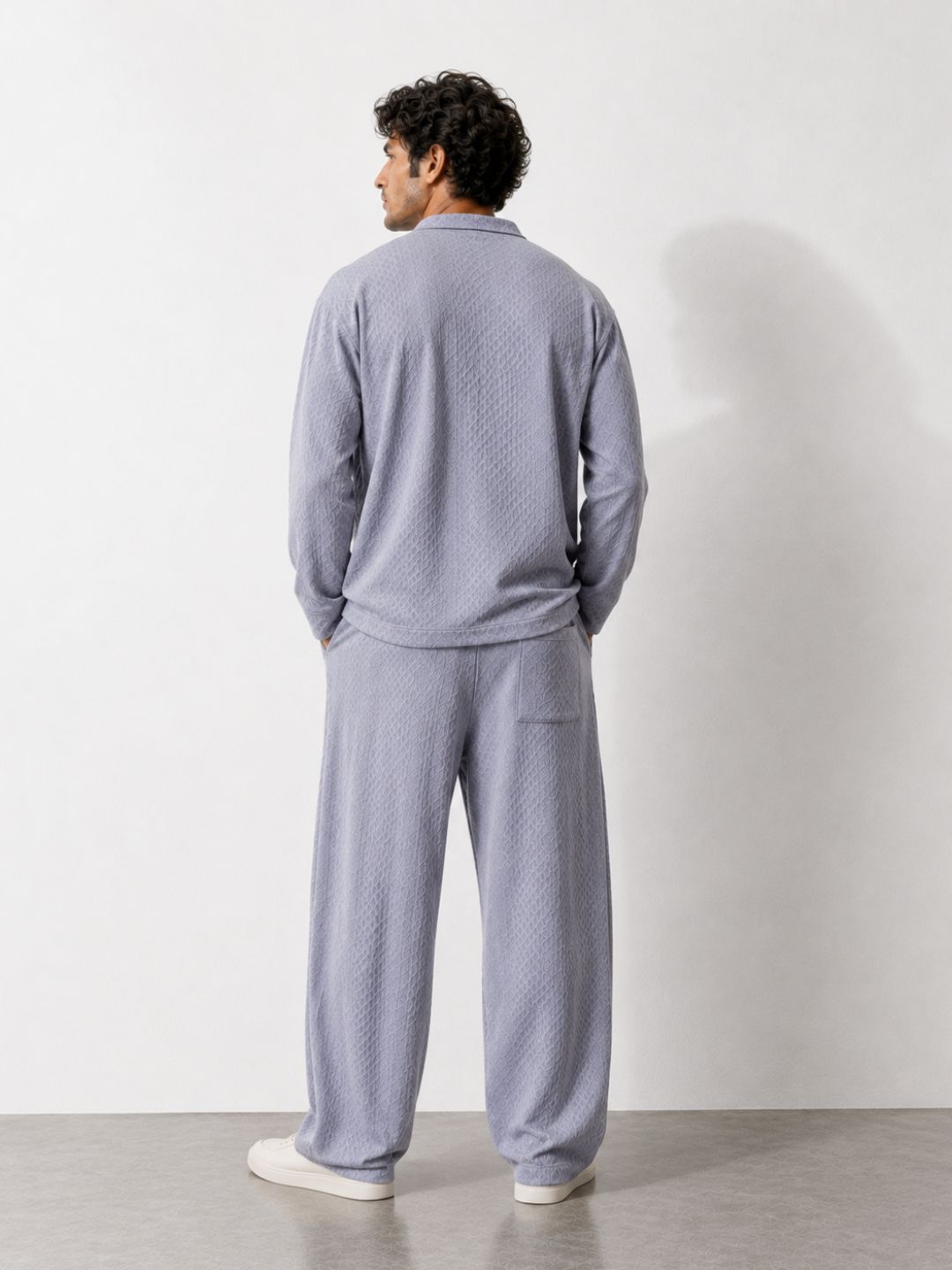 Grey Textured Oversized Full Sleeve Cardigan/Shawl Neck Tee & Trackpant Co-ord Set