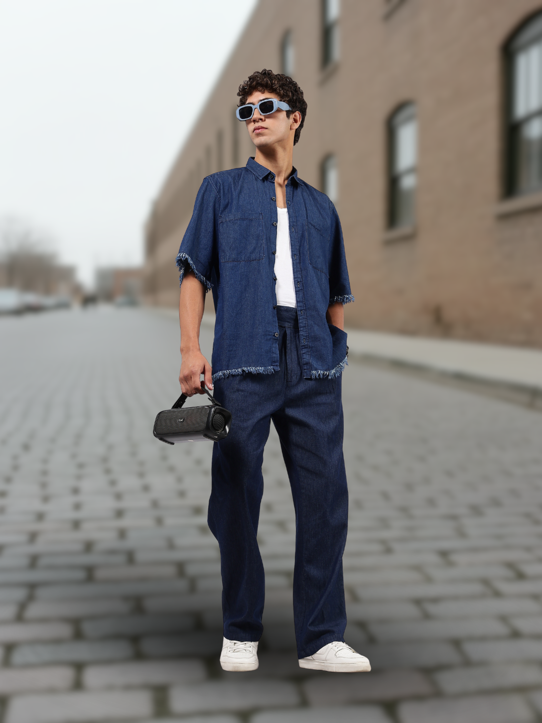 Co-Ord Set Navy Blue Premium Denim Gurkha Pant & Half Sleeve Shirt Relaxed Fit