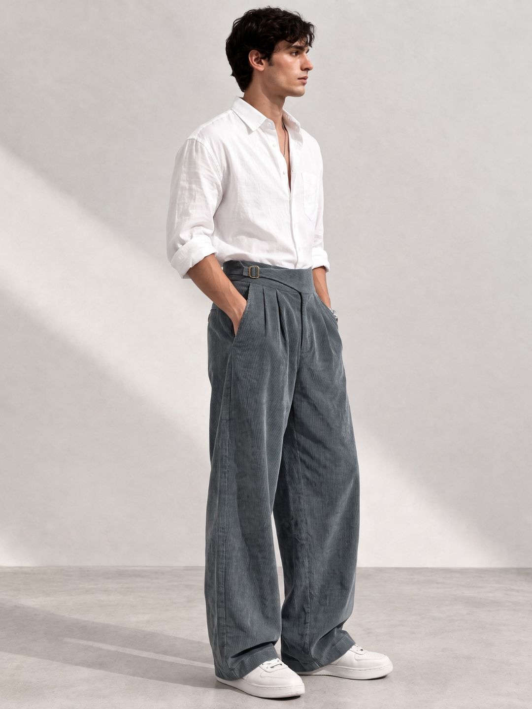 Grey Corduroy Gurkha Trousers with Double Pleated Front