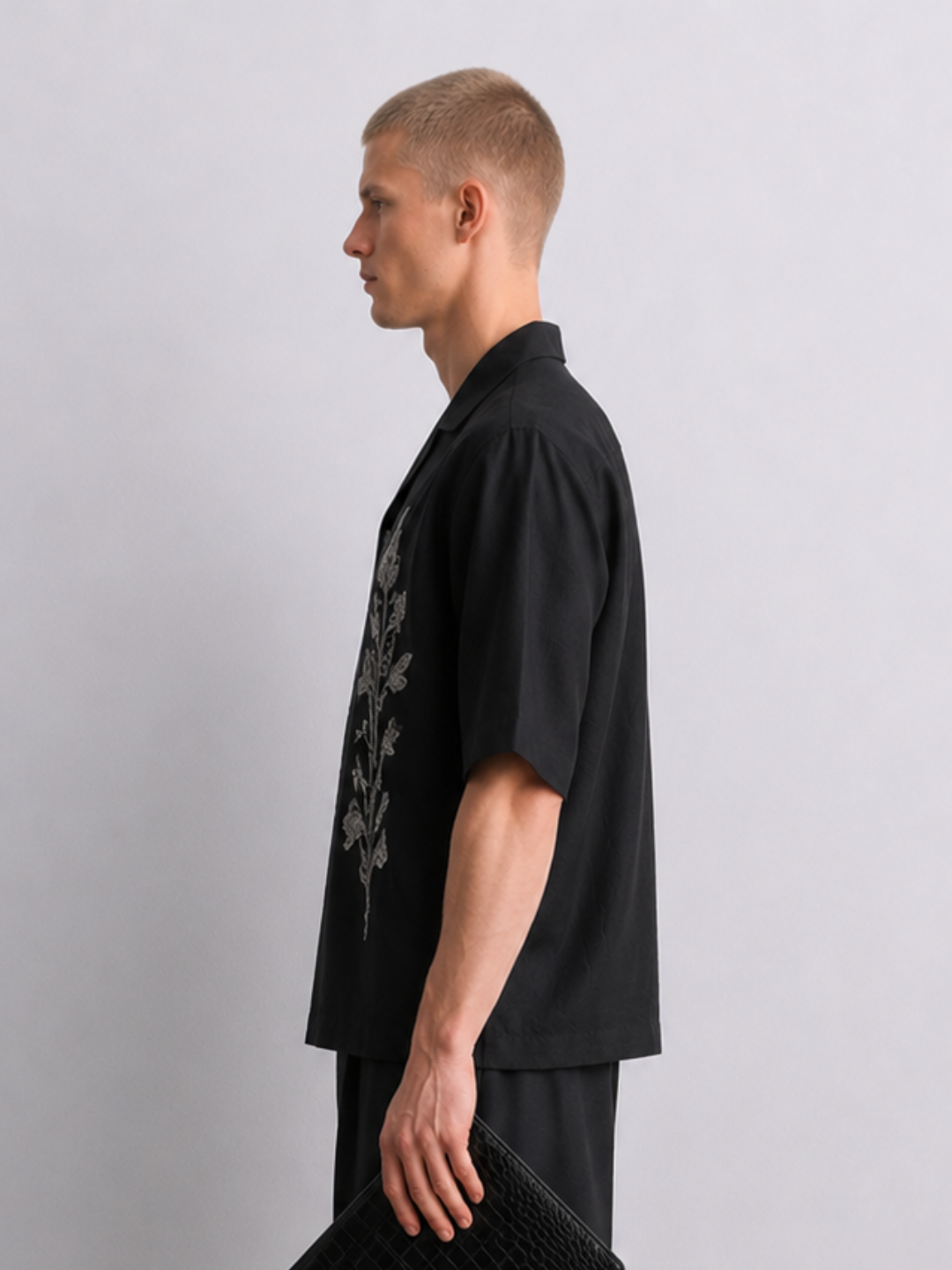 Black Embroidered Relax Fit Oversized Half Sleeve Casual Resort Shirt