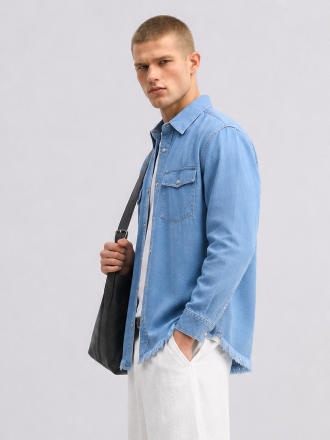 Blue Denim Raw Edge Oversized Relaxed Fit Spread Collar Premium Shirt