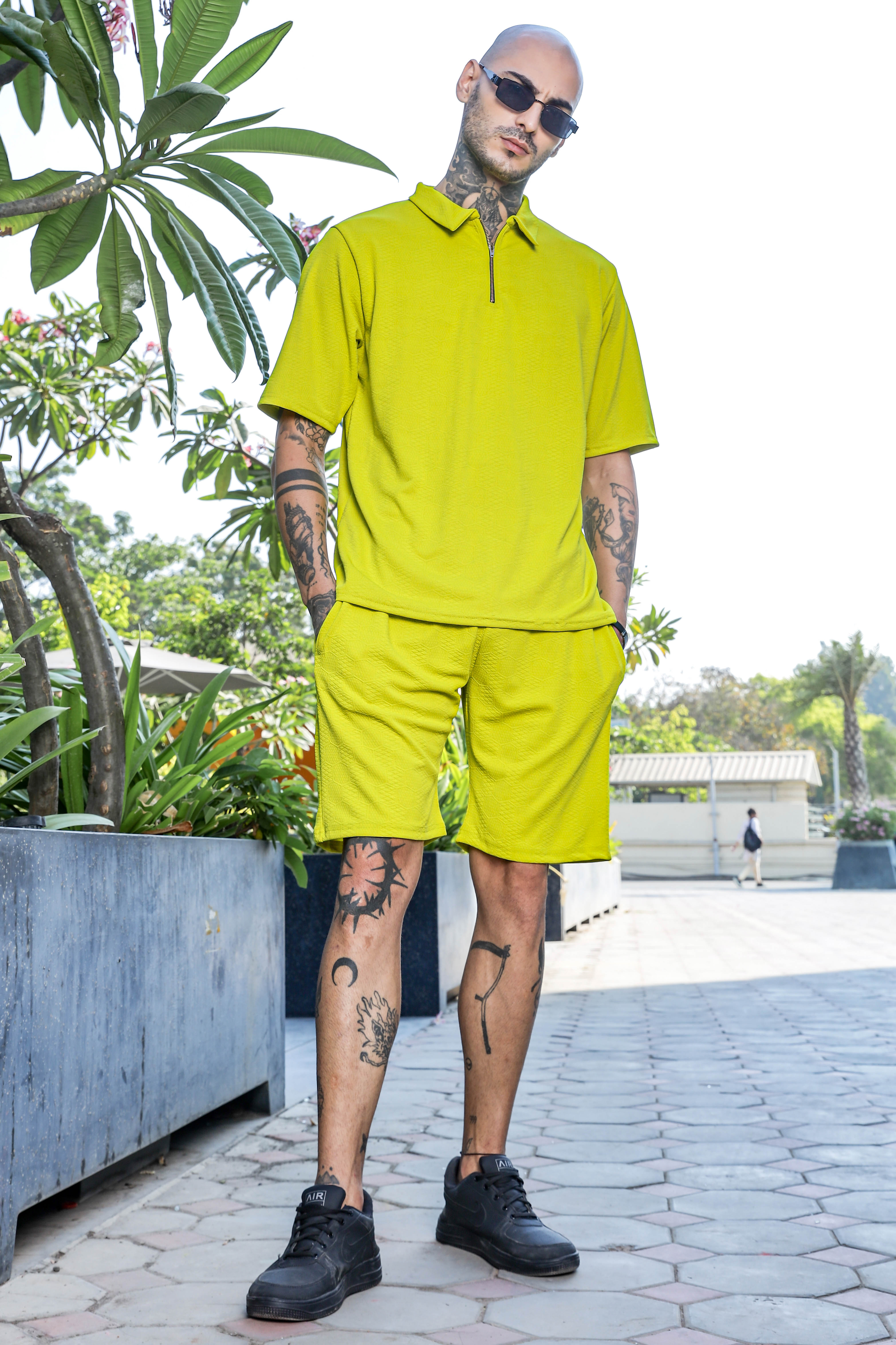 Unisex Lime Green Textured Oversized Polo Neck Tee & Shorts Co-ord Set