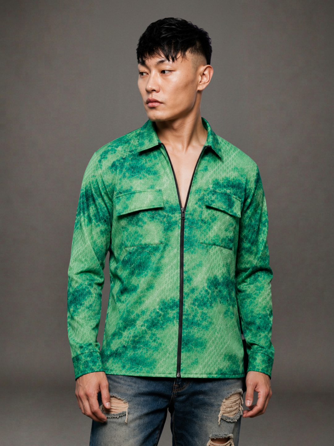 Grey & Green Abstract Printed Drop-Shoulder Relaxed Fit Shirt Zipper Shirt