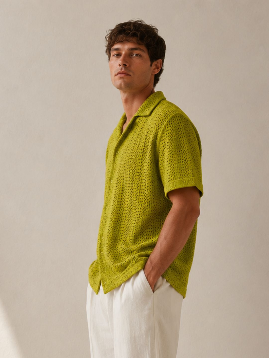 Lime Green Relaxed Fit Pure Cotton Crochet Resort Shirt