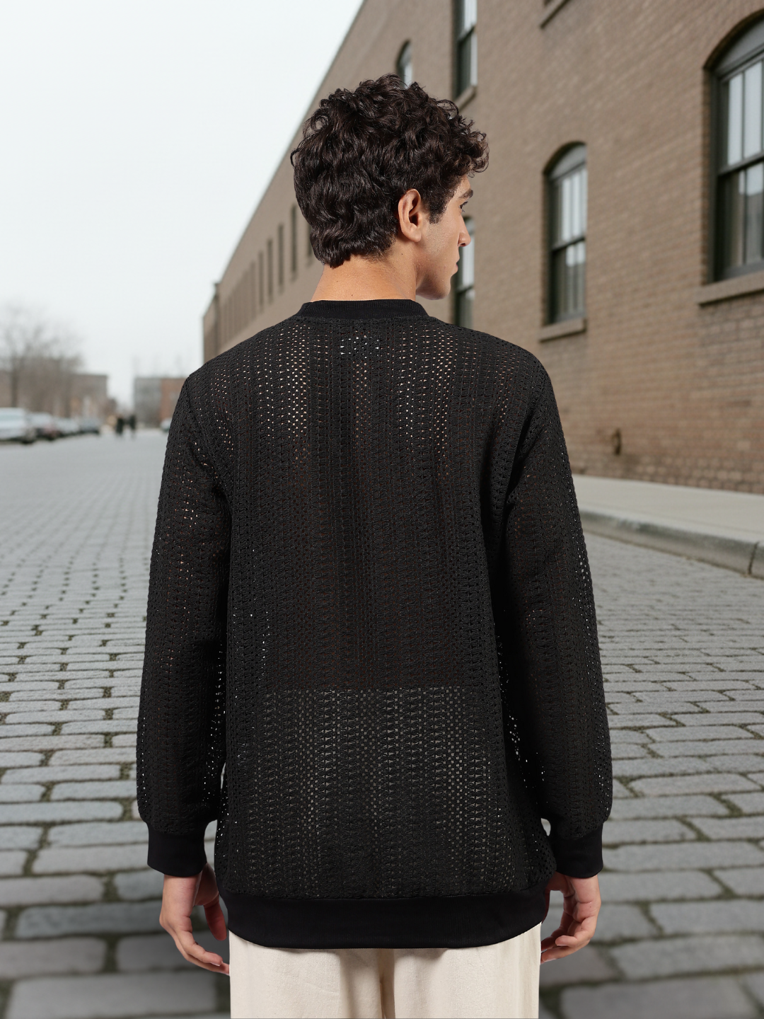 Black Oversized Fit Premium Cotton Crochet Pullover