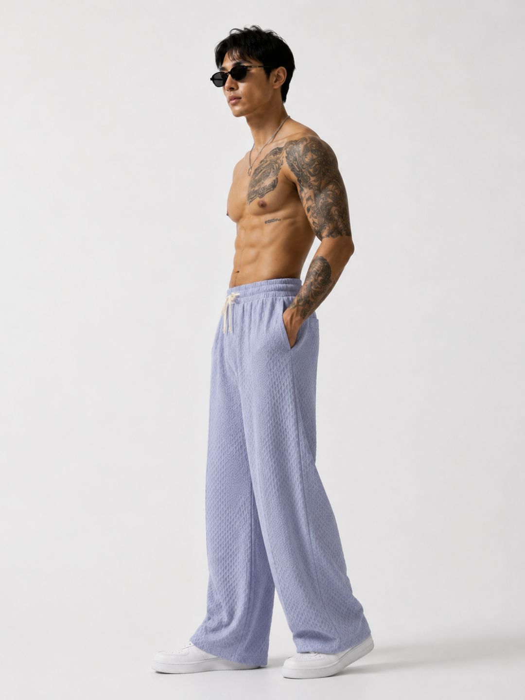 Grey Textured Relaxed-Fit Mid-Rise Korean Pant