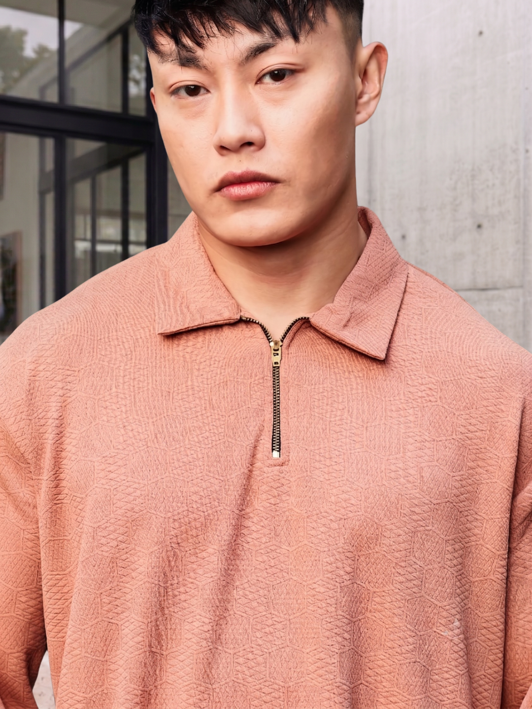 Unisex Brown Textured Relaxed Fit Full Sleeve Polo T-Shirt & Shorts Co-ord Set