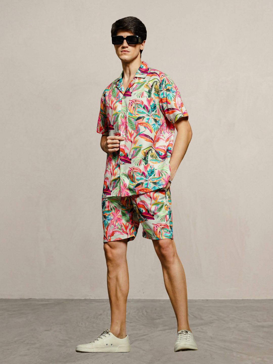 Unisex Beige Tropical Abstract Printed Co-ord Set