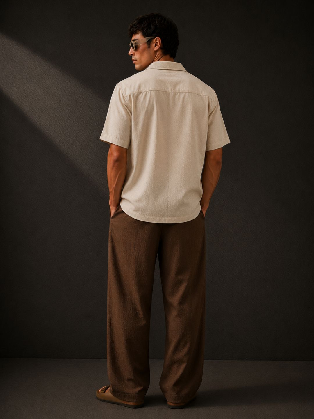 Linen Blend Beige Cuban Collar Classic Relaxed Fit Shirt