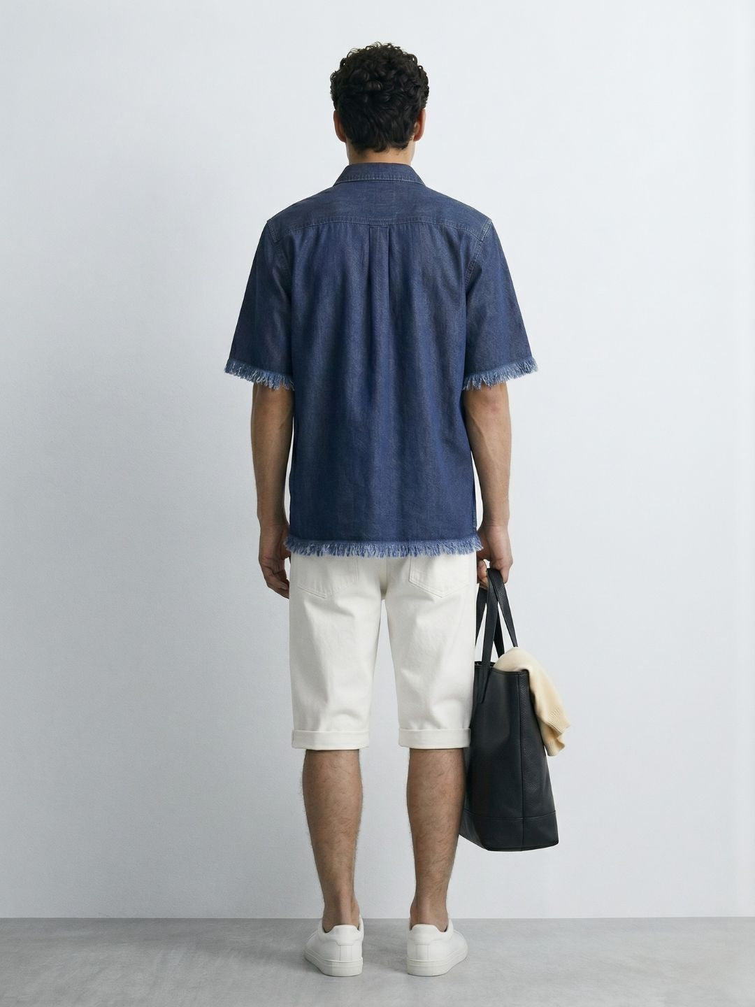 Navy Denim Raw Edge Oversized Box-Fit Spread Collar Half Sleeve Shirt