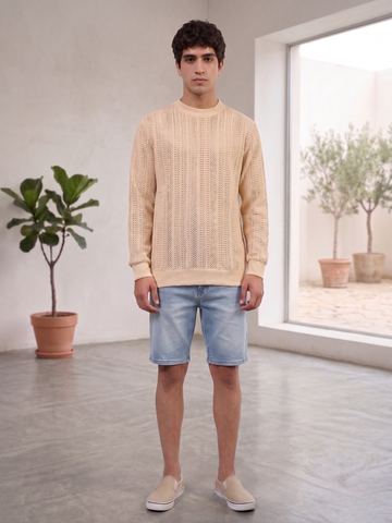Beige Oversized Fit Premium Pure Cotton Crochet T-Shirt