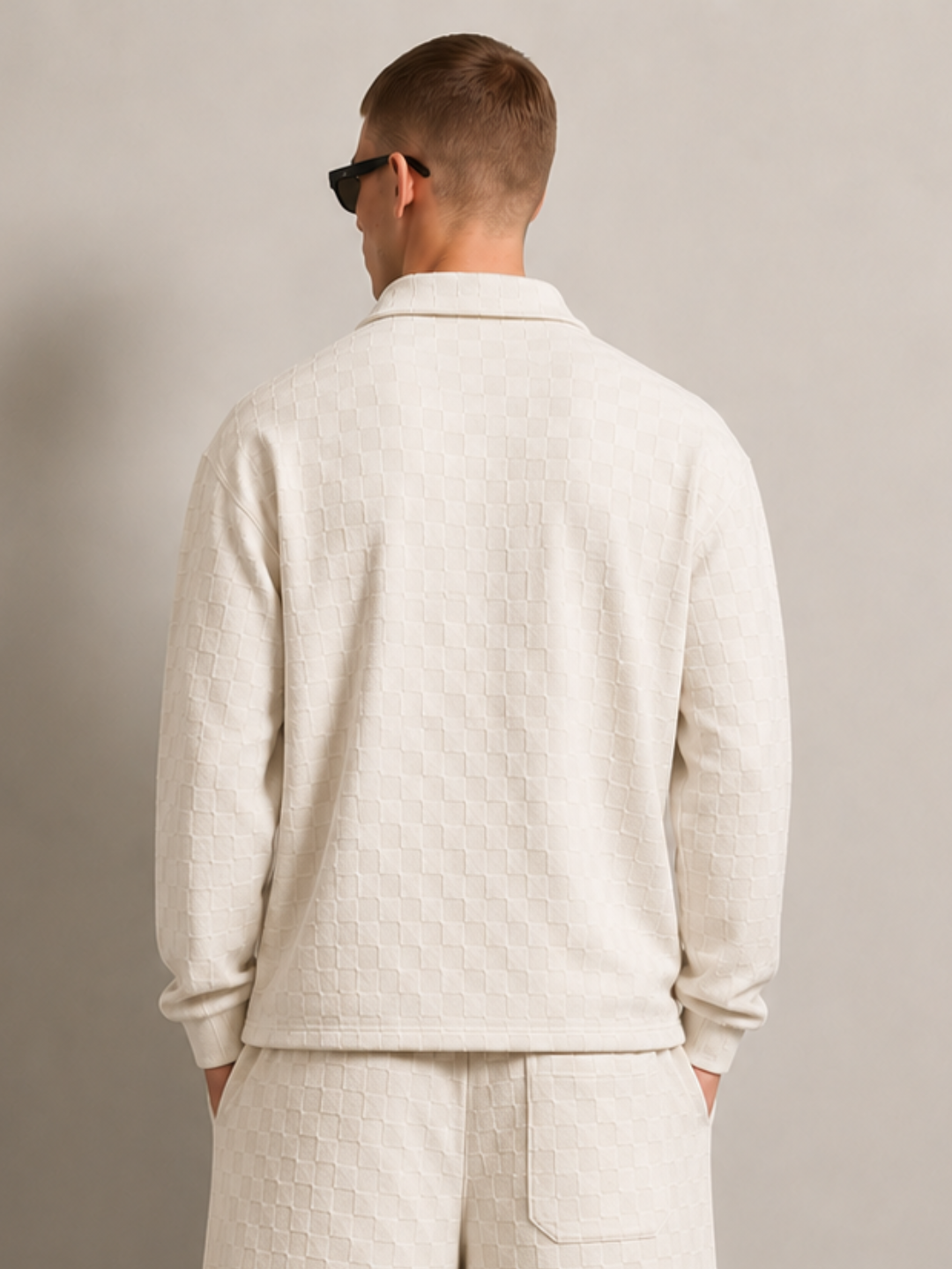 Off-White Textured Oversized Full Sleeve Polo Neck Tee & Trackpant Co-ord Set