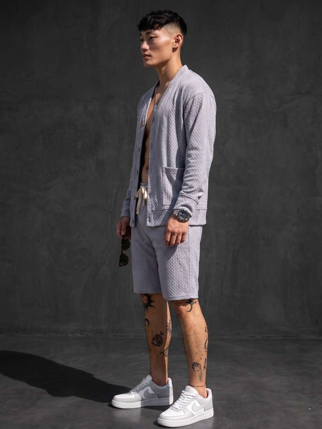 Unisex Grey Textured Cardigan Style T-Shirt & Shorts Co-ord Set