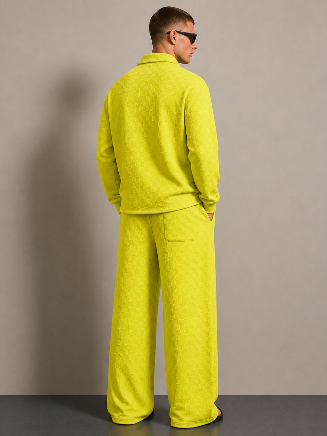 Lime Green Textured Oversized Full Sleeve Polo Neck Tee & Trackpant Co-ord Set