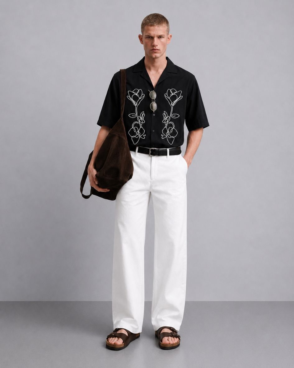 Black Embroidered Relaxed Fit Oversized Half Sleeve Casual Resort Shirt