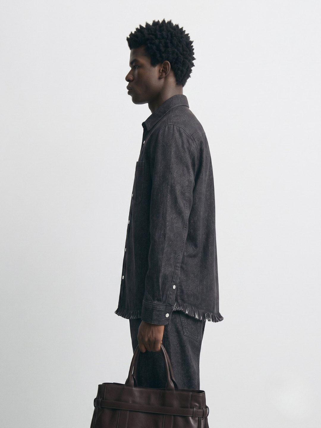 Black Raw Edge Oversized Relaxed Fit Full Sleeve Spread Collar Premium Denim Shirt