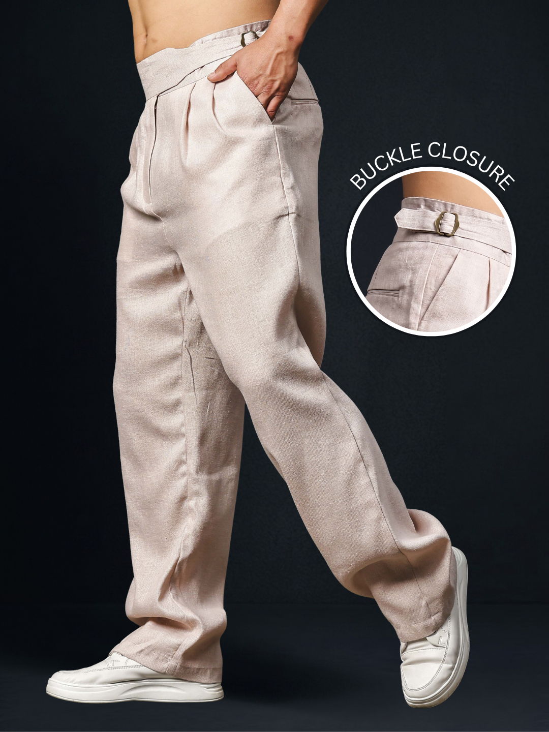 Champagne Pink Solid Linen Blend Gurkha Trousers with Double Pleated Front