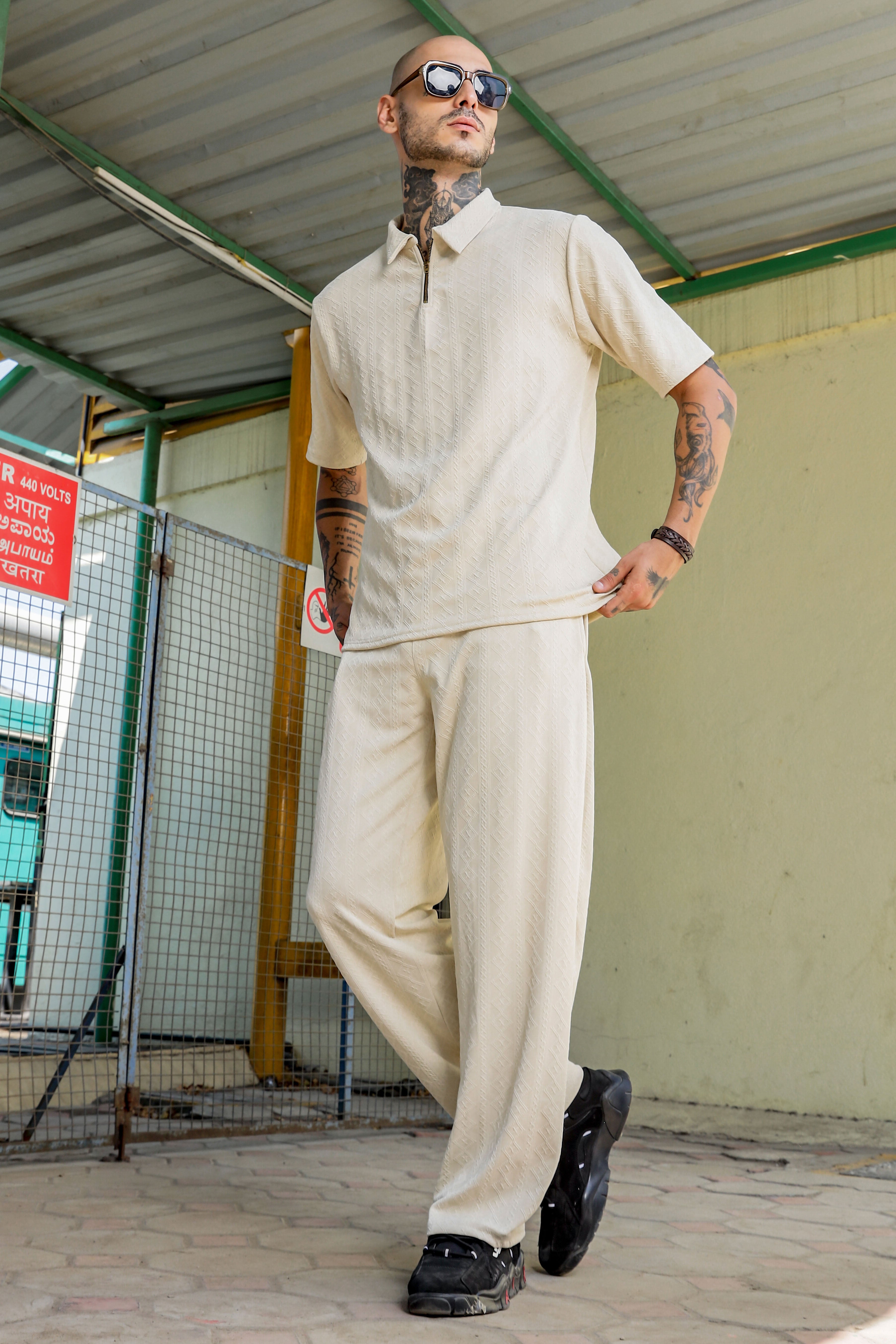 Unisex White Textured Oversized Polo Neck Tee & Trackpant Co-ord Set