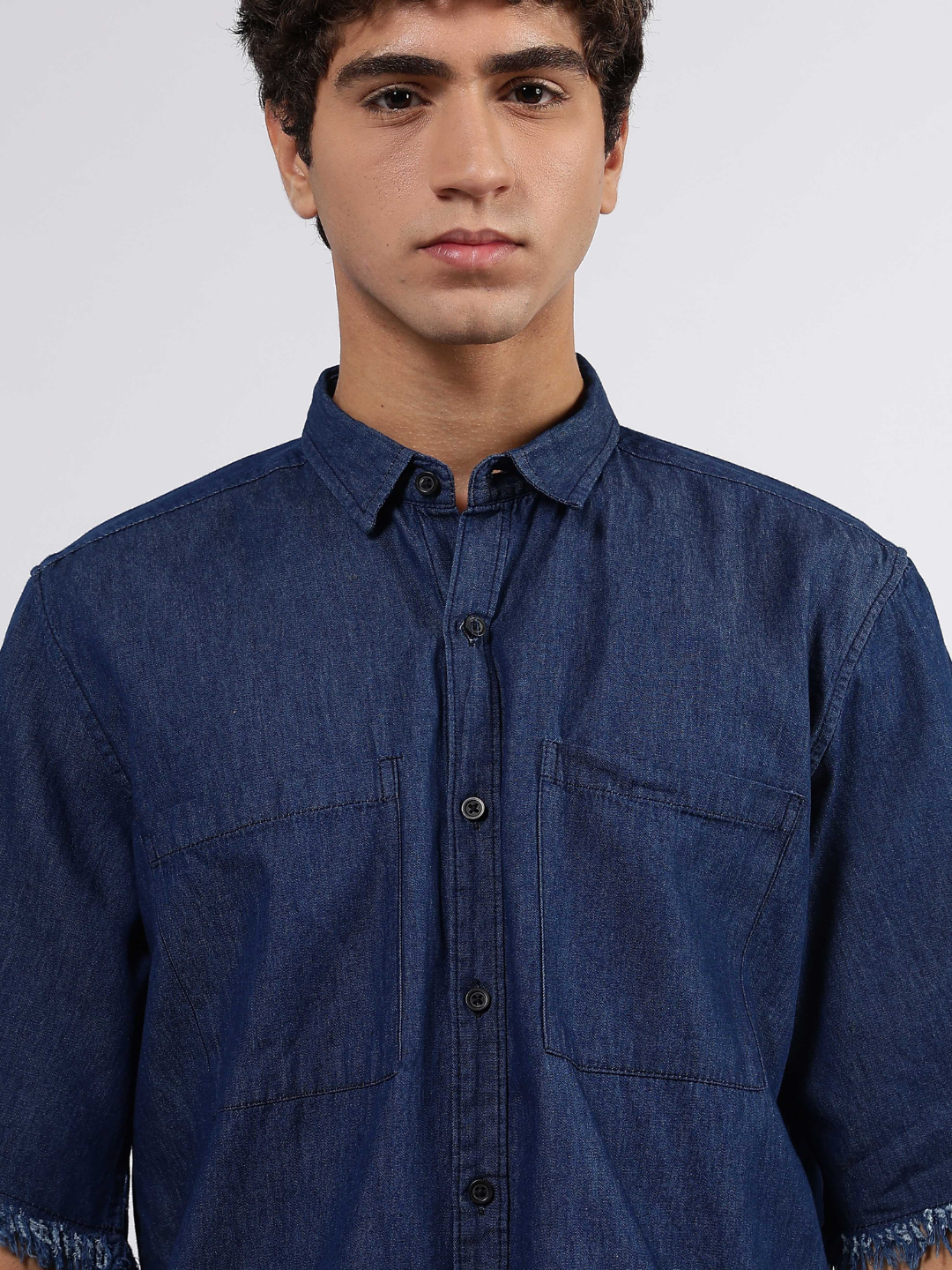 Navy Blue Raw Edge Oversized Box-Fit Spread Collar Premium Denim Shirt