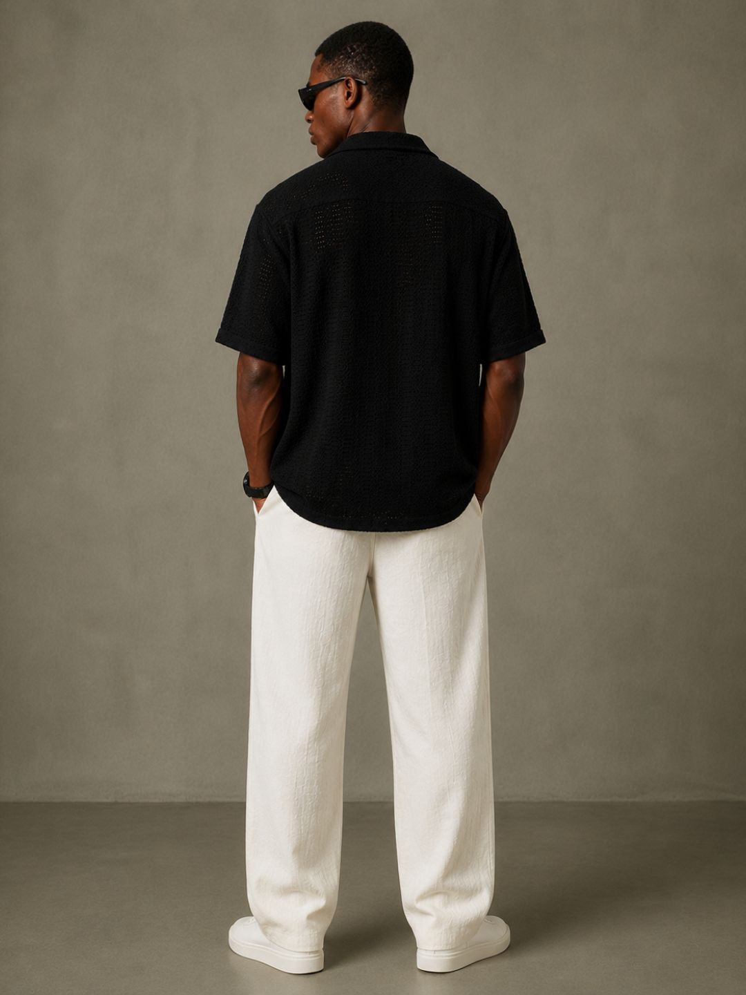 Black Unisex Relaxed Fit Cotton Crochet Resort Shirt