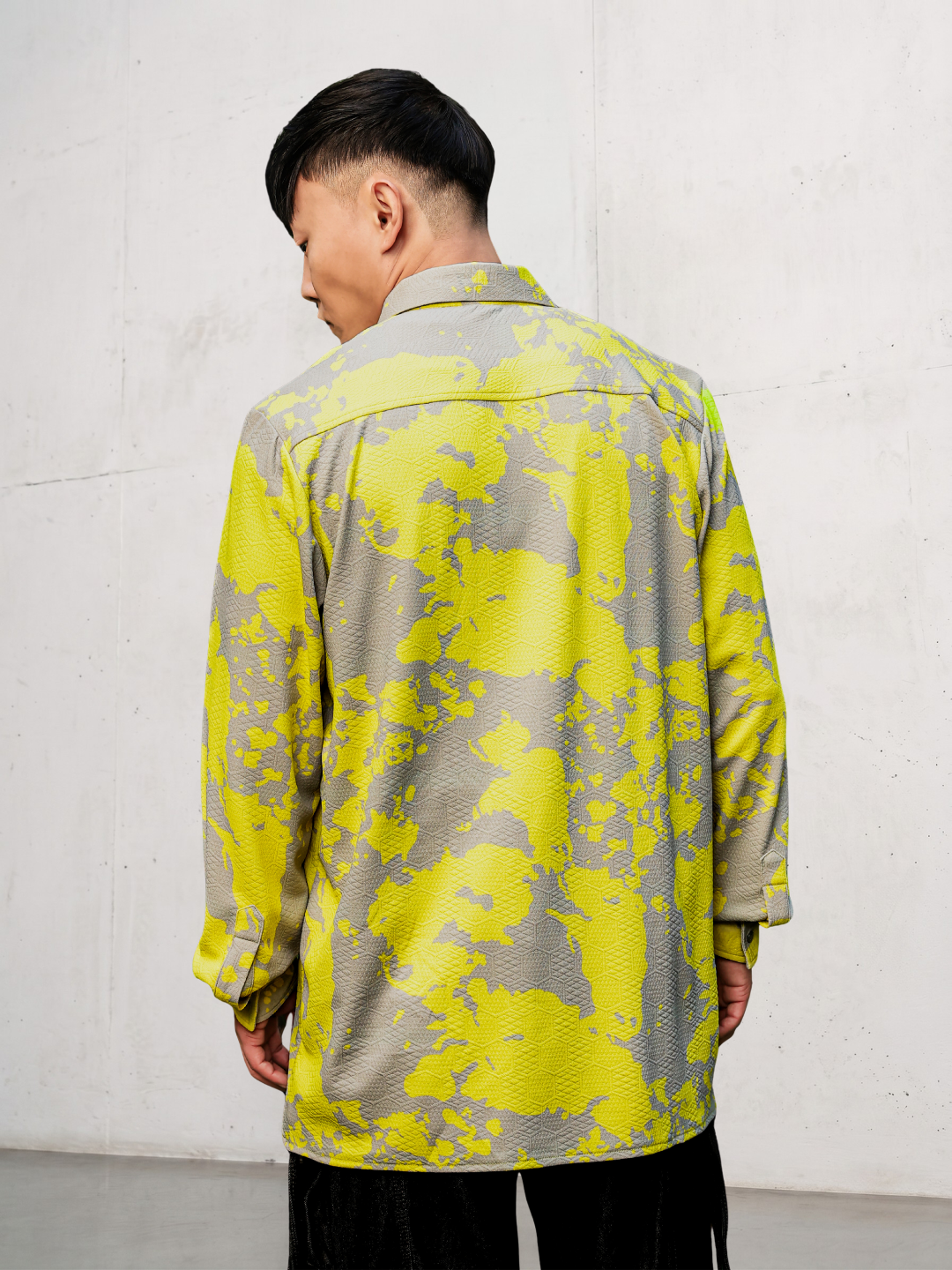 Neon Grey Splatter Abstract Print Textured Drop-Shoulder Relaxed Fit Shirt Zipper Shirt