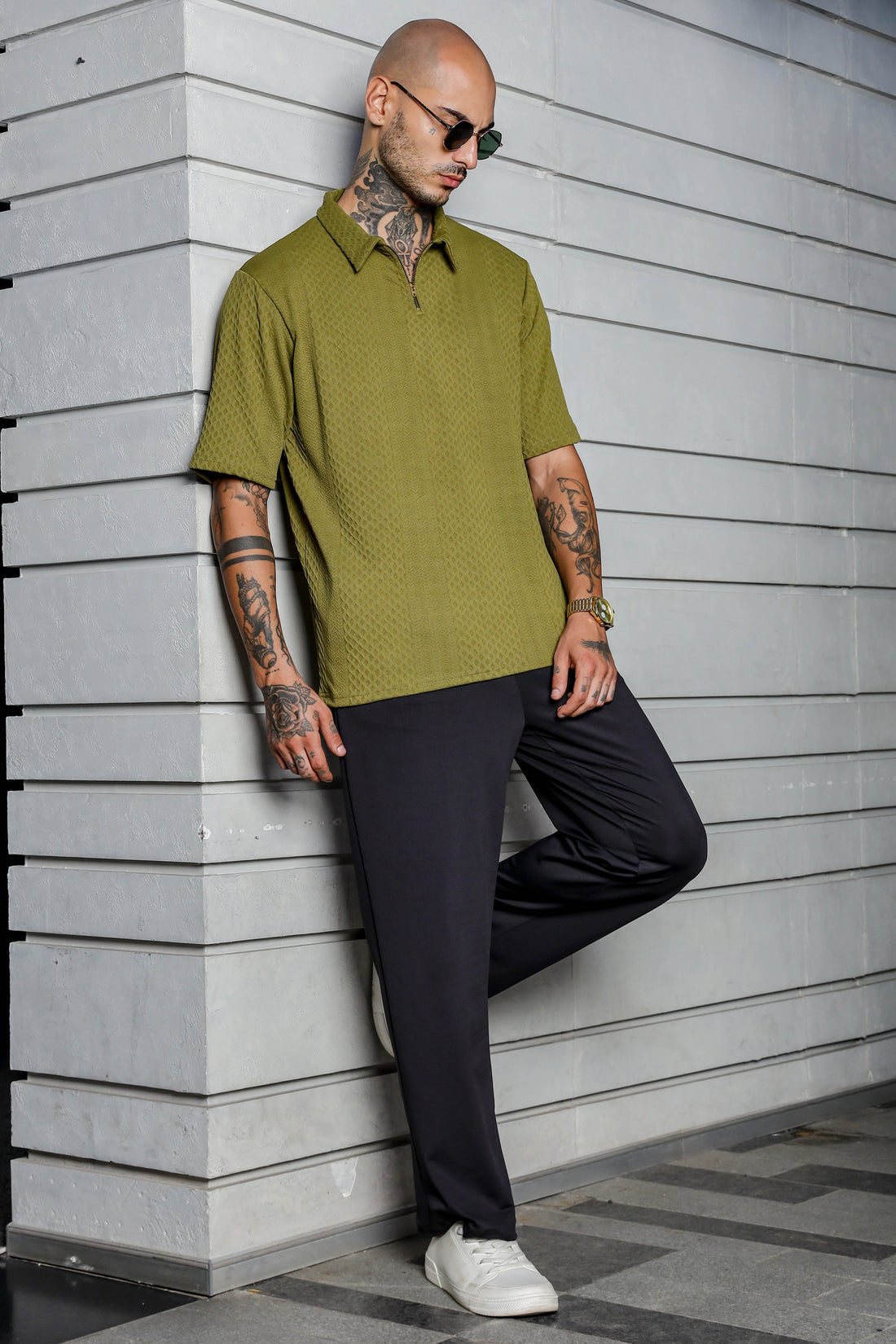 Olive Textured Polo Neck Oversized T-shirt