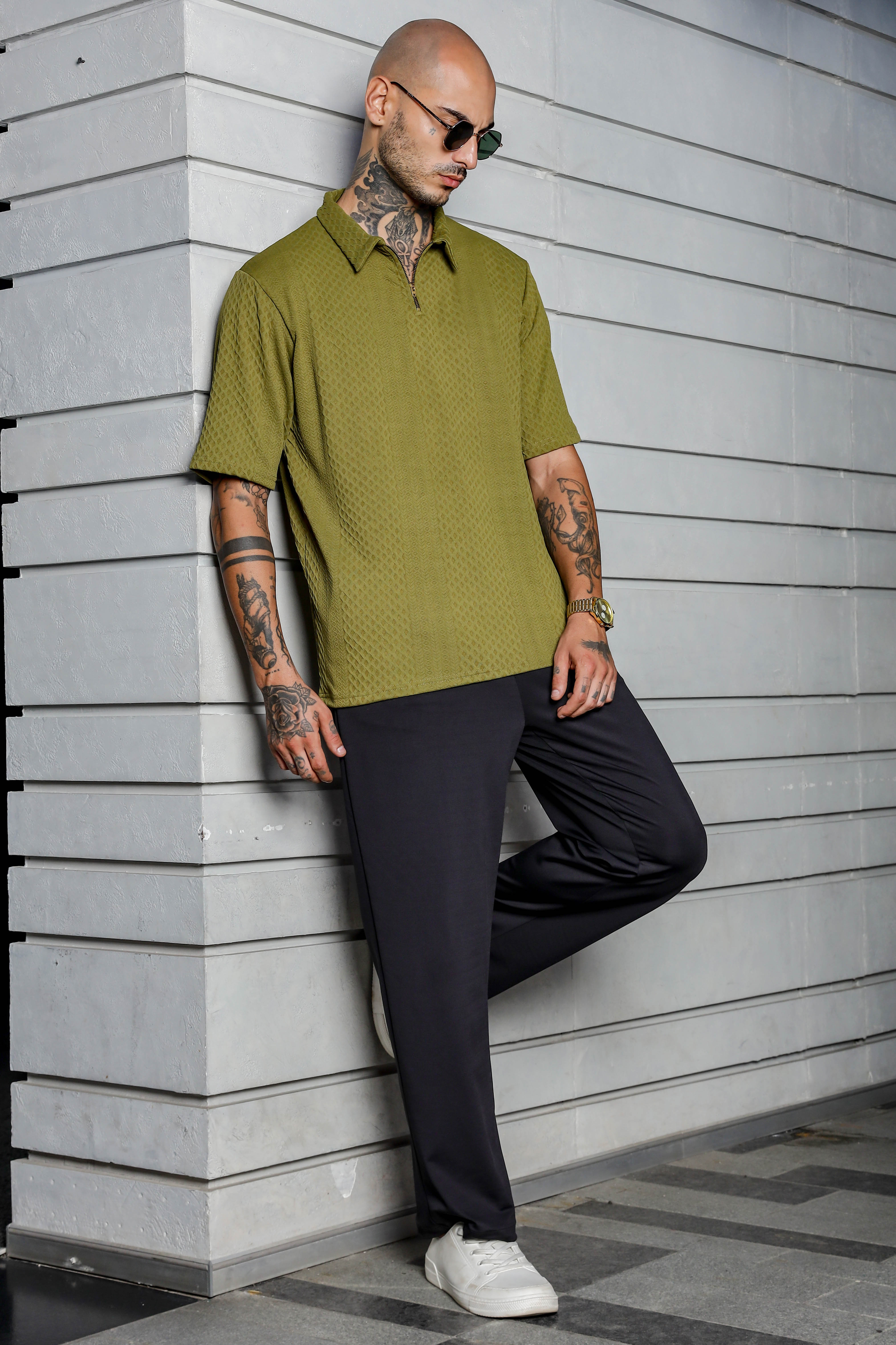 Unisex Olive Textured Polo Neck Oversized T-shirt