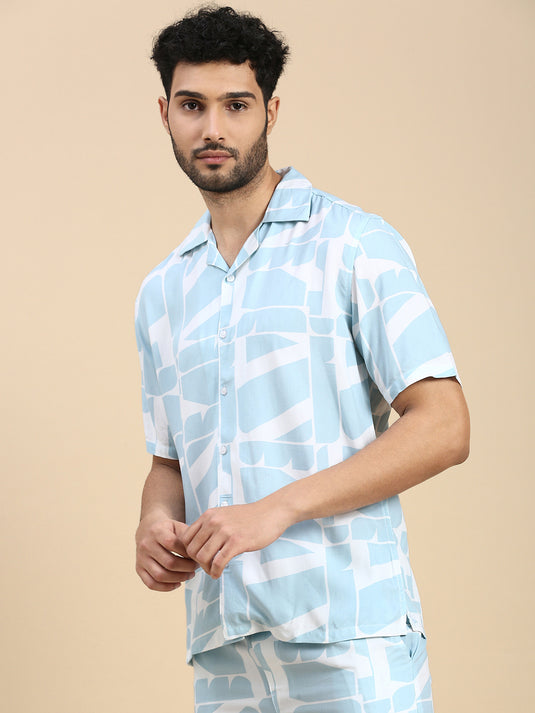 Unisex Cubano Blue Printed Relaxed Fit Resort Shirt