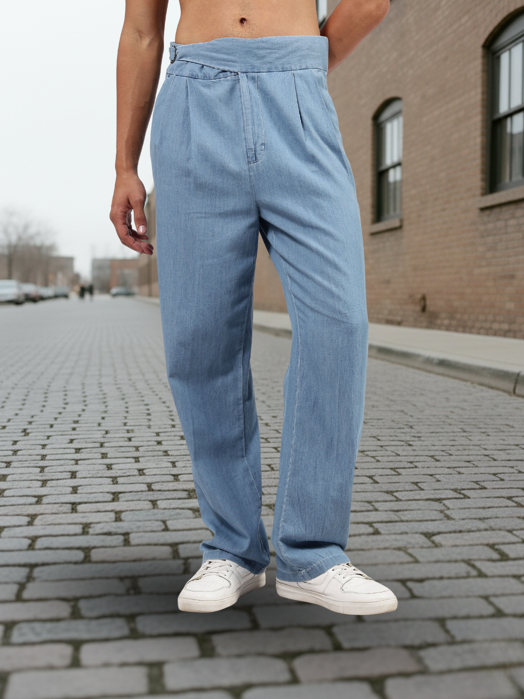Light Blue Premium Denim Gurkha Trousers with Double Pleated Front